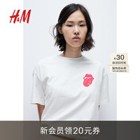 H&M女装2024夏季T恤图案圆领休闲宽松棉质短袖T恤衫 0762558 白色/The Rolling Stones 165/96