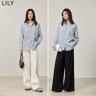 LILY2024秋女装简约竖条纹垂坠感长袖衬衫翻领宽松衬衣上衣女 401蓝色 S