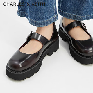 CHARLES&KEITH24秋CK1-70900541厚底一字扣圆头玛丽珍鞋单鞋 Burgundy葡萄酒红色 38