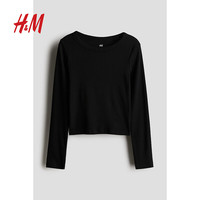 H&M童装女童T恤2024秋季舒适罗纹棉质汗布上衣1241315 黑色 140/68