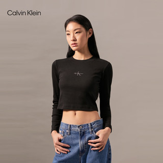 Calvin Klein Jeans24秋季女士休闲通勤ck字母辣妹正肩长袖T恤J224950 BEH-太空黑 S