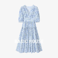 Basic House/百家好夏日休闲幻彩波点小众设计感短袖V领连衣裙 蓝碎花 L