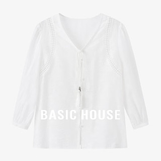 Basic House/百家好天丝镂空钩花白色衬衫夏季薄款七分袖防晒衬衣 白色 S