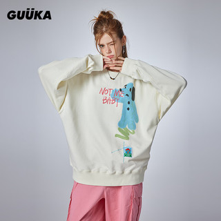 古由卡（GUUKA）潮牌通勤百搭休闲套头卫衣女秋新款 创意减龄亲肤纯棉上衣宽松 奶油白