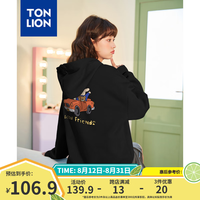 唐狮(TonLion)2024早秋连帽卫衣女卡通印花落肩卫衣宽松百搭卫衣外套dx 黑 S