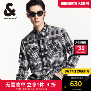 杰克·琼斯（JACK&JONES）秋季百搭舒适宽松上衣字母刺绣衣身格纹长袖衬衫男224305002 E41 黑色 180/100A/L