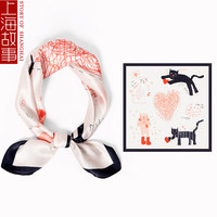 上海故事减龄卡通系薄款真丝丝巾女时尚潮搭粉色桑蚕丝小方巾礼盒装 猫星人 53*53CM