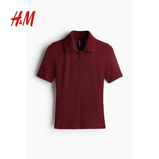 H&M2024夏季女士罗纹Polo衫1233256 酒红色 170/116