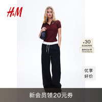 H&M2024夏季女士罗纹Polo衫1233256 酒红色 170/104