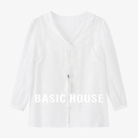 Basic House/百家好天丝镂空钩花白色衬衫夏季薄款七分袖防晒衬衣 白色 XL