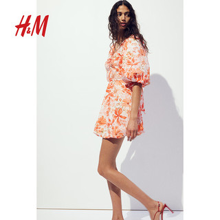 H&M2024年秋季女装海边沙滩裙后部系带泡泡连衣裙1239797 珊瑚红/花卉 160/88