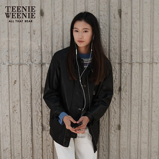 Teenie Weenie小熊秋季飞机扣翻领机车pu皮衣外套美式黑色夹克 黑色 175/XL