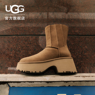 UGG 女士舒适时尚双线缝坡跟厚底短靴休闲雪地靴 1158313 栗色 41