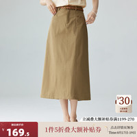 茵曼（INMAN）复古通勤开叉半身裙女2024秋季百搭舒适全棉中长A字裙子 卡其色 S