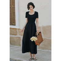 MIGU 弥古 黑色针织拼接t恤连衣裙法式方领长裙高级感小黑裙女夏季裙子