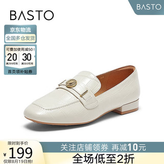 BASTO 百思图 24春石头纹真皮乐福鞋皮鞋通勤粗跟女单鞋TM131AA4 米杏 36