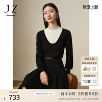 玖姿·安娜蔻优雅黑白键法式宫廷风羊毛混纺针织衫女2024冬季 素黑 2XL