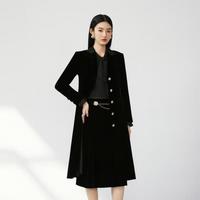 LIME FLARE莱茵丝绒风衣西装翻领风衣2024秋优雅轻奢长外套 黑色 2XL