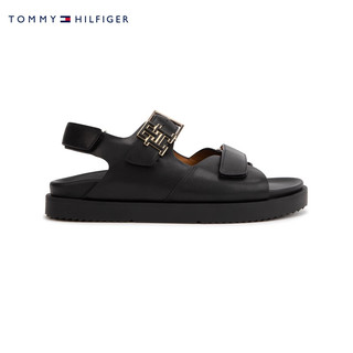 TOMMY HILFIGER24春夏女装金属字母魔术贴调节牛皮革凉鞋FW0FW07736 黑色BDS 40