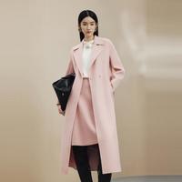 LIME FLARE莱茵羊毛混纺双面呢长大衣2024秋冬收腰过膝长外套 粉红色 M