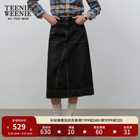 Teenie Weenie小熊秋季毛边牛仔长半裙A字裙设计感开叉裙子女 黑色 170/L