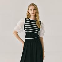 MB气质通勤显瘦针织衫淑女风拼接短袖T恤春夏法式浪漫优雅上衣