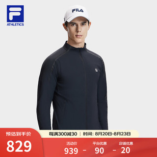 FILA 斐乐男士针织长袖外套2024夏运动干爽防晒上衣 深黑-BK 2XL