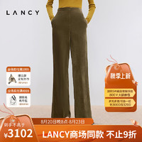 朗姿/LANCY2024冬复古绒面休闲裤高腰显瘦高级感直筒阔腿裤女 深橄榄绿色 XL