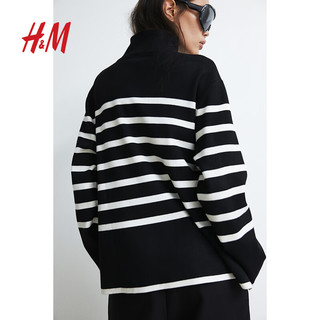 H&M2024秋季女士高领套衫1169363 黑色/条纹 155/76