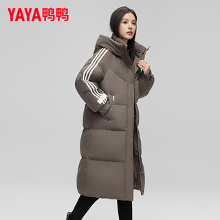 鸭鸭（YAYA）羽绒服女长款过膝2024年冬季时尚运动条纹连帽加厚保暖外套XB 灰色 170/92A(XL)