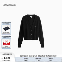 Calvin Klein Jeans24秋季女含羊毛混纺ck短款纽扣V领针织开衫毛衣J224775 BEH-太空黑 S