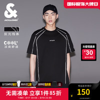 杰克·琼斯（JACK&JONES）春夏男士衣身反光线条字母胶印短袖T恤224201056 S03黑色 常规 S03黑色 185/104A/XL