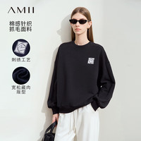 AMII2024早秋圆领抽象玫瑰字母刺绣抓绒卫衣女宽松弹力休闲上衣 黑色 165/88A/L