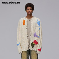 ROCAWEAR ROCA WEAR破洞涂鸦情侣开衫毛衣宽松慵懒针织衫外套 米色 180