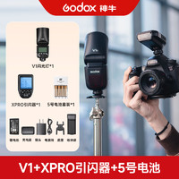 Godox 神牛 V1摄影闪光灯单反相机V1pro外置机顶热靴锂电高速同步TTL便携离机口袋灯 +Xpro引闪器+5号电池套装 S索尼版