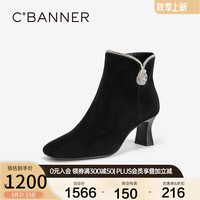 C.BANNER千百度【静音系列】粗高跟羊皮时装靴女2024冬季短靴 黑色 37