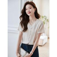 【肌理感面料】夏季女式气质V领纯色短袖薄款针织t恤短款上衣