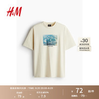 H&M男装女装T恤2024夏舒适字母图案印花圆领短袖上衣0967955 米色/Connect To Nature 180/124