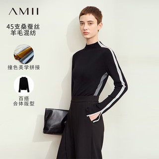 AMII2024秋通勤时尚半高领撞色拼接开叉毛衣女显瘦打底衫上衣 黑色 155/80A/S