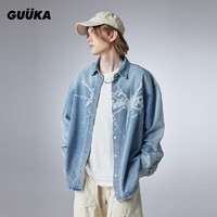 古由卡（GUUKA）复古水洗创意印花牛仔衬衫男秋潮 吸湿透气舒适宽松个性上衣 牛仔蓝 XL