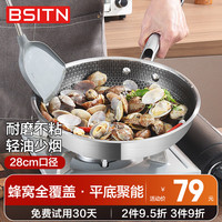 BSITN平底锅不粘锅不锈钢牛排煎锅28cm燃气灶明火煎蛋锅无盖2800