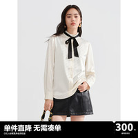 太平鸟提花缎面花苞领长袖衬衫24秋小香风可拆卸撞色绑带衬衣 白色 M