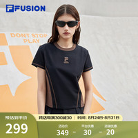 FILA FUSION斐乐潮牌女子针织短袖衫2024夏季时尚拼色休闲T恤 正黑色-BK 155/76A/XS