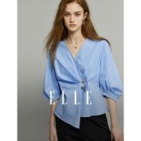 蓝白条纹衬衫夏季腰部压褶静奢老钱收腰V领女式短袖衬衣