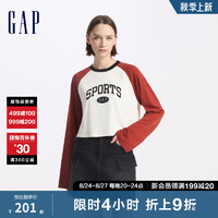 Gap女装2024初秋印花logo撞色插肩长袖T恤短款宽松上衣637542 白红拼接 170/88A(L) 亚洲尺码