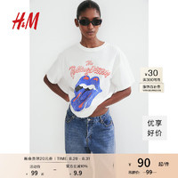 H&M女装2024夏季T恤图案圆领休闲宽松棉质短袖T恤衫 0762558 白色/The Rolling Stones342 165/96