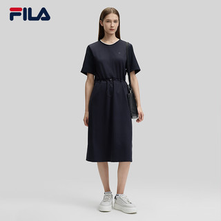 FILA 斐乐女子针织连衣裙2024秋季时尚简约圆领宽松裙子 传奇蓝-NV 2XL