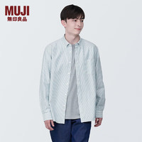 无印良品 MUJI 男式 棉水洗牛津 纽扣领 长袖衬衫 衬衣外套纯棉全棉 绿色条纹 XS(160/80A)