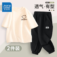 JEANSWEST 真维斯 男童夏季帅气套装纯棉短袖2024年潮流军绿休闲工装裤 杏/K眨眼XB黑色/纯色 120