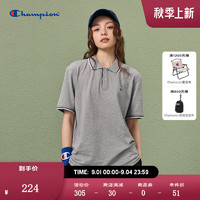 Champion 冠军纯棉短袖T恤24夏季美式复古刺绣POLO领上衣 灰色 XL